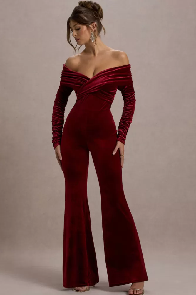 Club L London Borealis | Velvet Long-Sleeved Bardot Jumpsuit BERRY Online