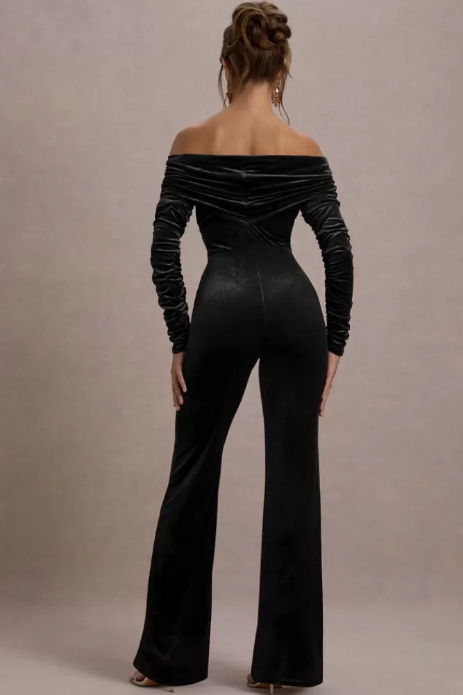 Club L London Borealis | Velvet Long-Sleeved Bardot Jumpsuit BLACK Sale