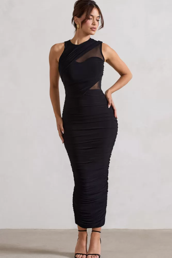 Club L London Born With It | Sleeveless High-Neck Draped Maxi Dress With Mesh Inserts BLACK Cheap