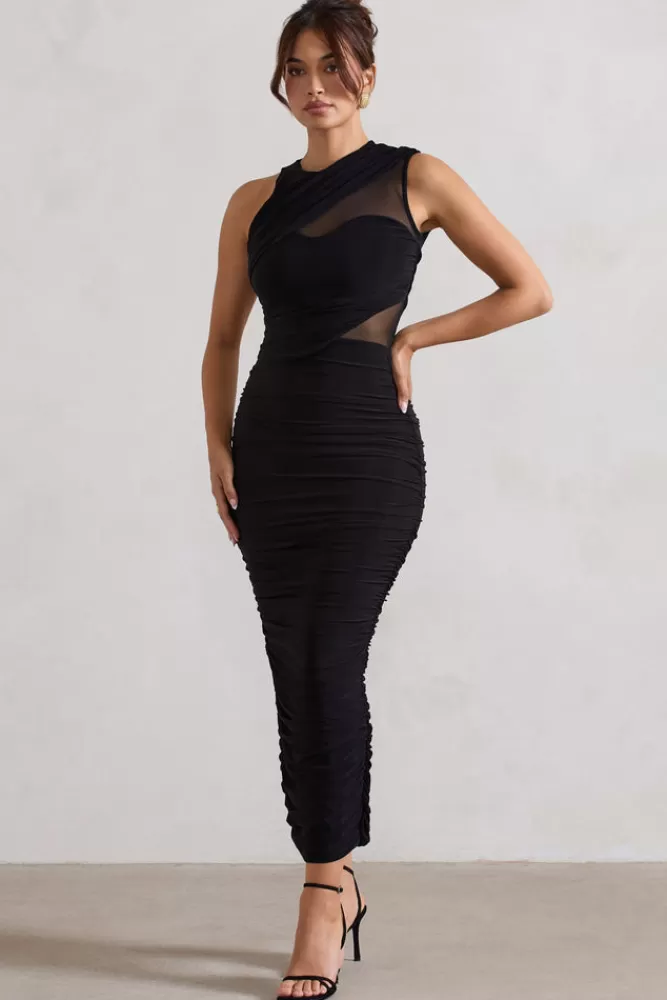 Club L London Born With It | Sleeveless High-Neck Draped Maxi Dress With Mesh Inserts BLACK Cheap