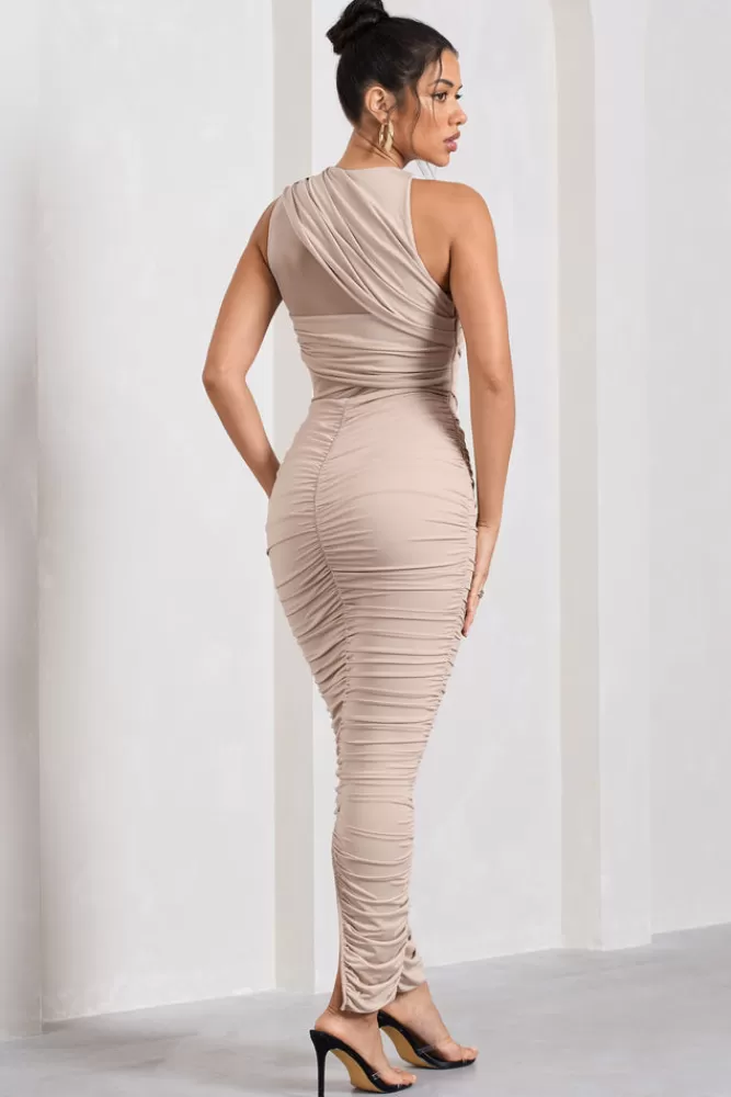 Club L London Born With It | Sleeveless High-Neck Draped Maxi Dress With Mesh Inserts CHAMPAGNE Cheap