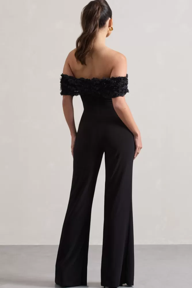 Club L London Botanique | Floral Bardot Jumpsuit BLACK Cheap