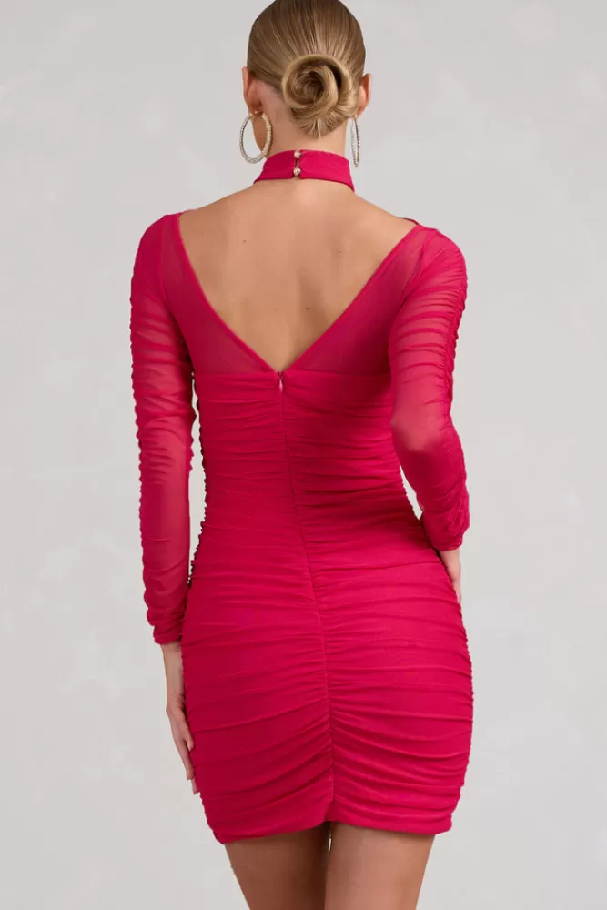 Club L London Bouquet Toss | Hot Pink Ruched Mesh Long-Sleeved Mini Dress HOTPINK Shop