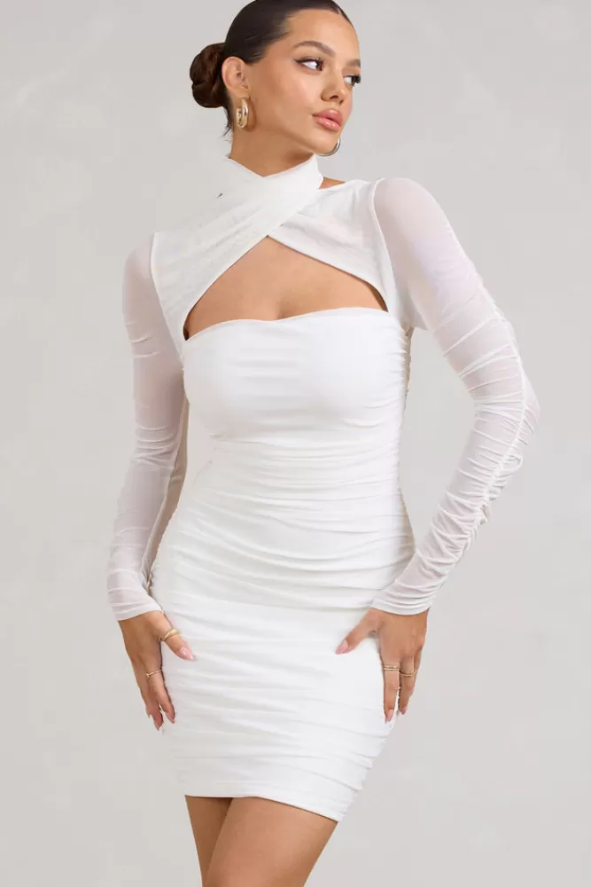 Club L London Bouquet Toss | Ruched Mesh Long-Sleeved Mini Dress WHITE Clearance