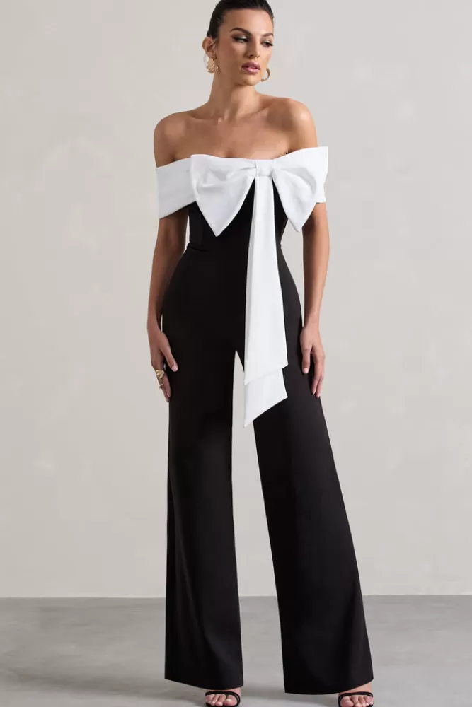 Club L London Bower | Black Bardot Straight-Leg Jumpsuit With Bow BLACKANDWHITE Best Sale