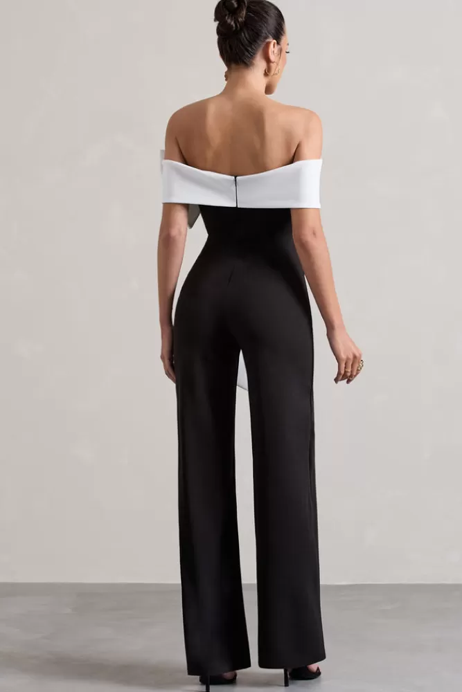 Club L London Bower | Black Bardot Straight-Leg Jumpsuit With Bow BLACKANDWHITE Best Sale