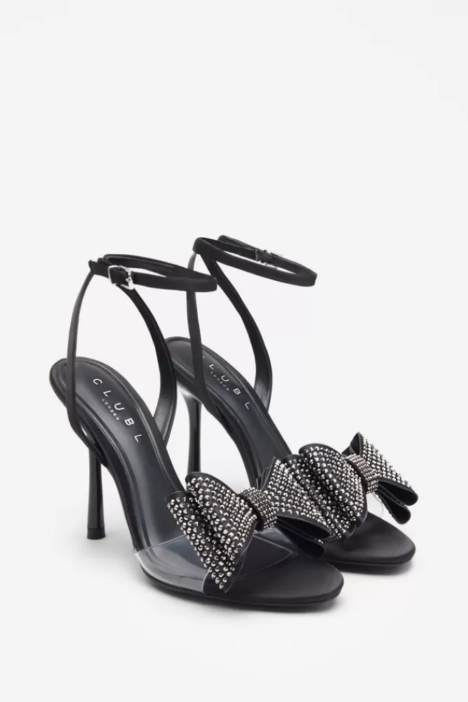 Club L London Bowing | Black Satin Heeled Sandals With Diamante Bows BLACKSATIN Outlet