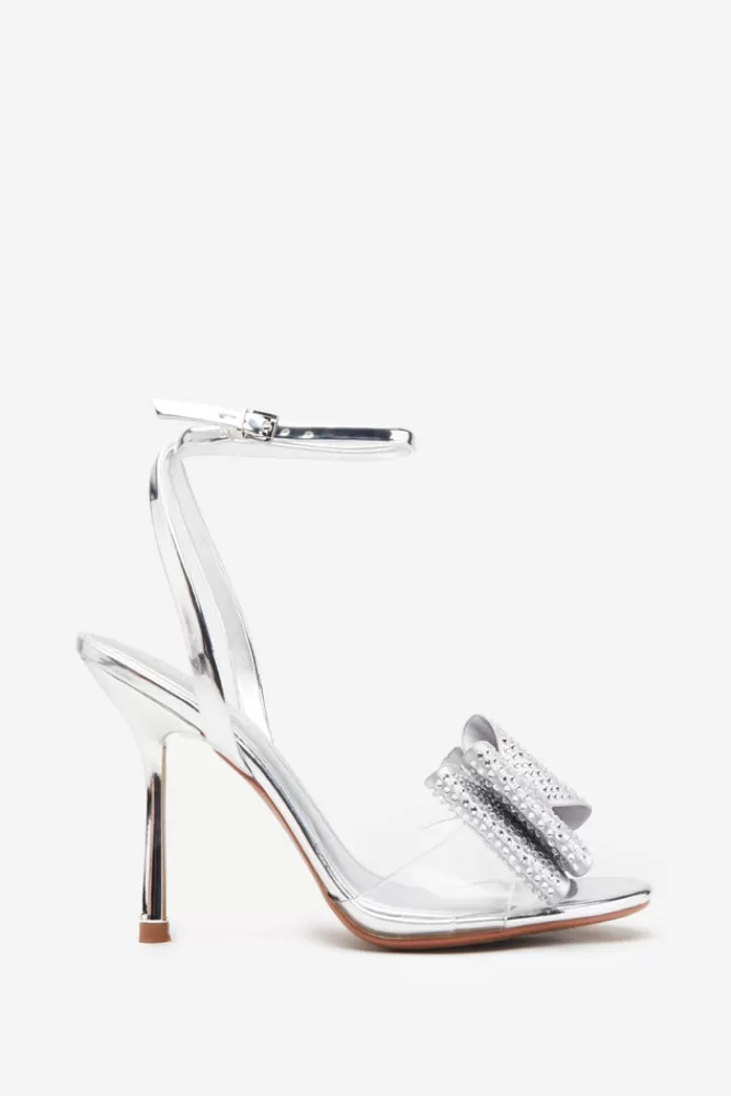 Club L London Bowing | Silver Metallic Heeled Sandals With Diamante Bows SILVERMIRROR Online