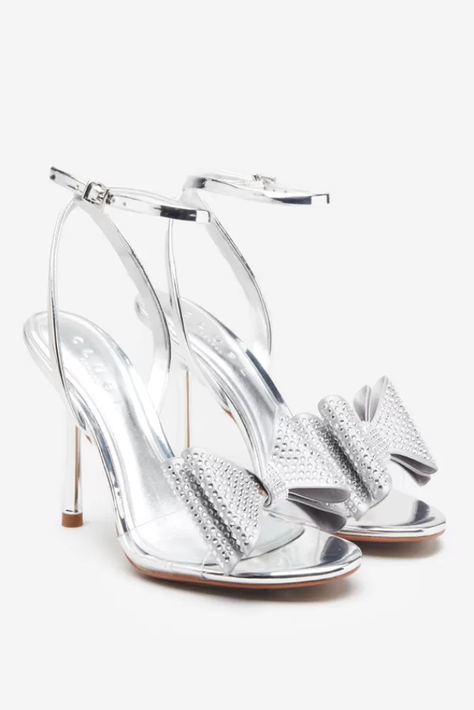 Club L London Bowing | Silver Metallic Heeled Sandals With Diamante Bows SILVERMIRROR Online