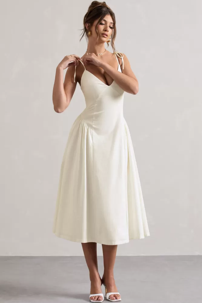 Club L London Breathless | Linen Strappy V-Neck Pleated Midi Dress CREAM Store