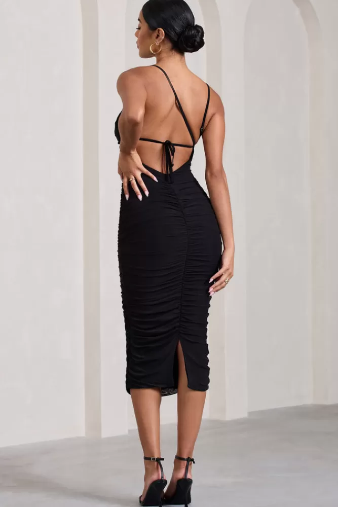 Club L London Bree | Ruched Mesh Strappy Bodycon Midi Dress BLACK Online