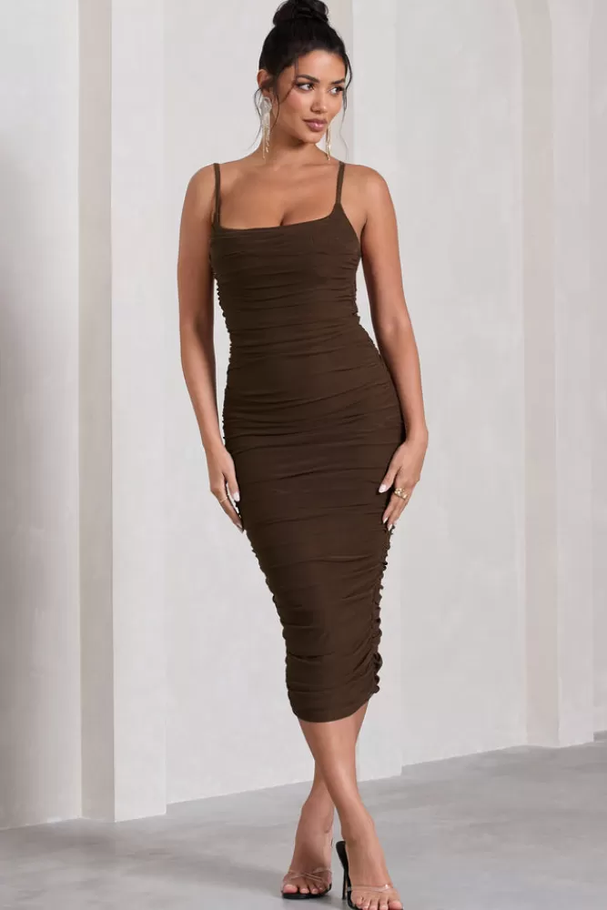 Club L London Bree | Ruched Mesh Strappy Bodycon Midi Dress CHOCOLATE Best