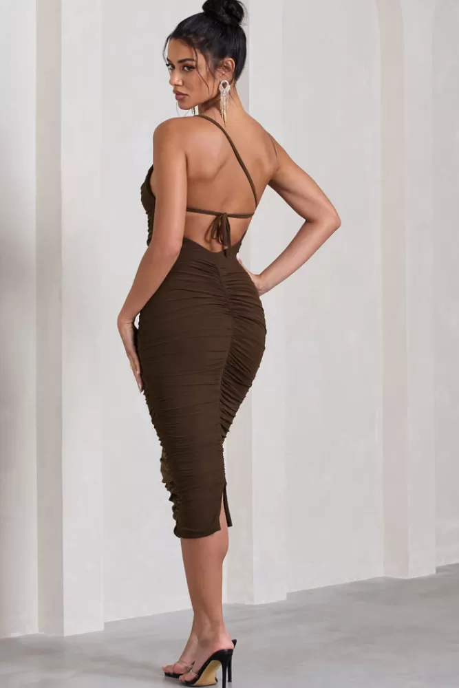 Club L London Bree | Ruched Mesh Strappy Bodycon Midi Dress CHOCOLATE Best