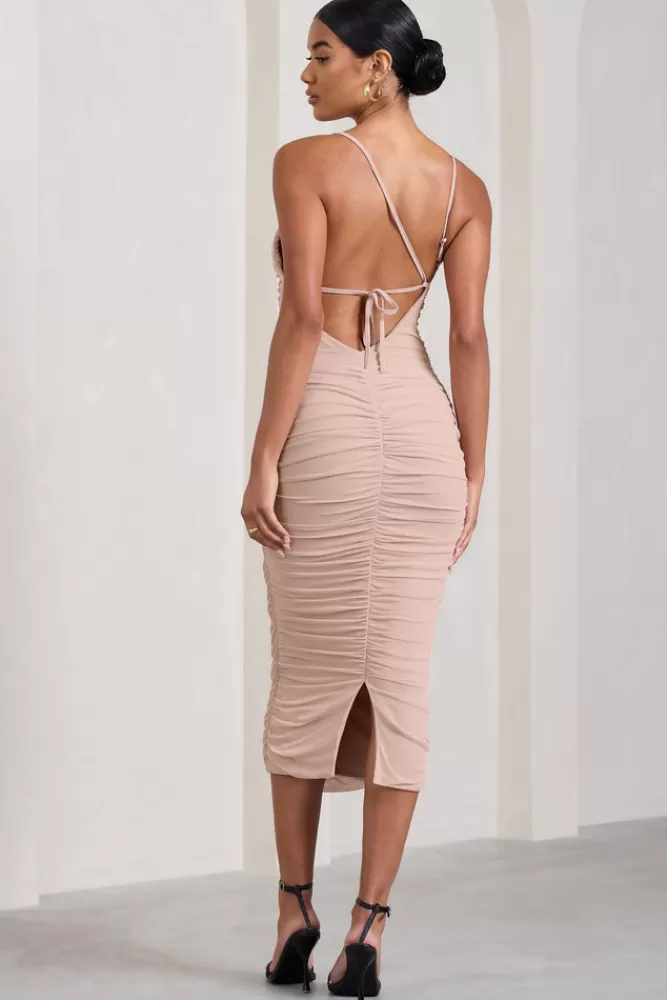 Club L London Bree | Nude Ruched Mesh Strappy Bodycon Midi Dress CHAMPAGNE Outlet