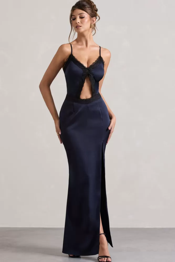 Club L London Brescia | Satin Cut-Out Maxi Dress With Lace Trim NAVY Clearance