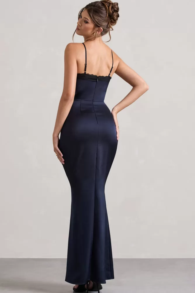 Club L London Brescia | Satin Cut-Out Maxi Dress With Lace Trim NAVY Clearance