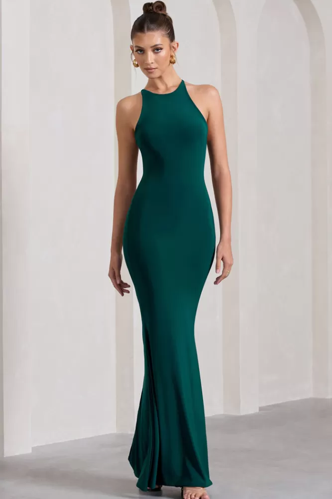 Club L London Brianna | Bottle Green Sleeveless Halter-Neck Open-Back Maxi Dress BOTTLEGREEN New