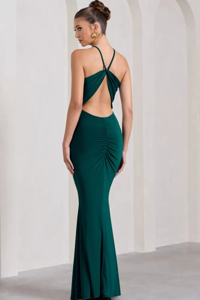 Club L London Brianna | Bottle Green Sleeveless Halter-Neck Open-Back Maxi Dress BOTTLEGREEN New