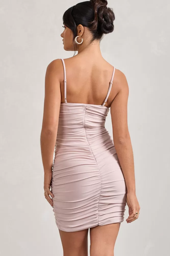 Club L London Brightest | Nude Ruched Strappy Asymmetric Bodycon Mini Dress CHAMPAGNE Cheap