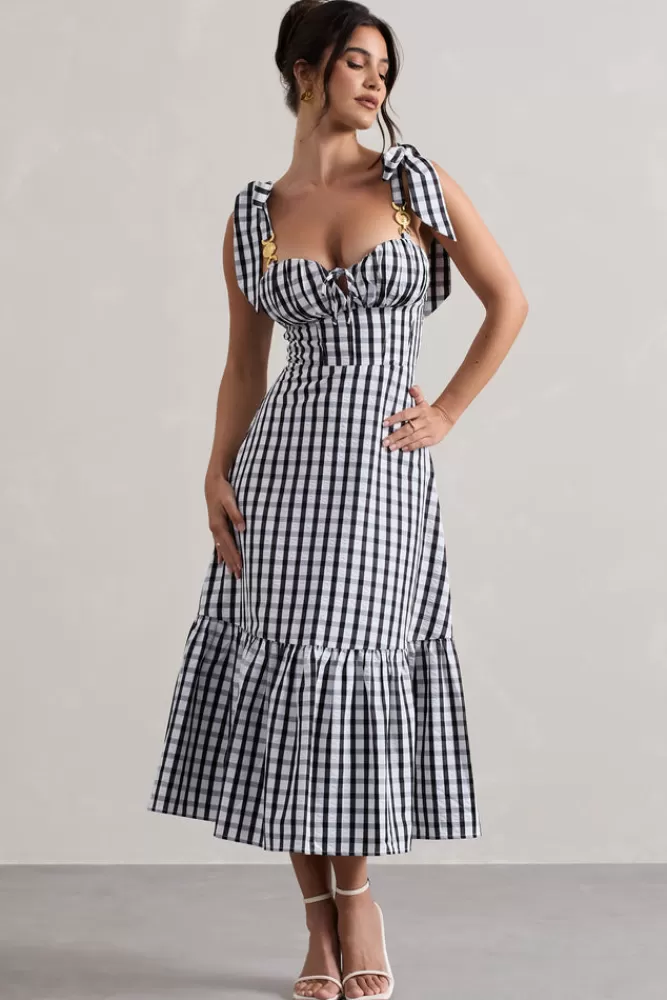 Club L London Brighton | Black u0026 White Gingham Sweetheart Midi Dress MONOGINGHAM Cheap