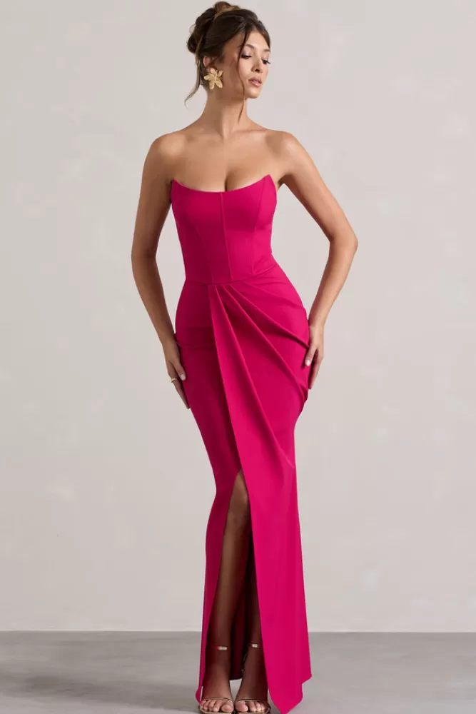 Club L London Brigitte | Hot Pink Strapless Corset Wrap Maxi Dress HOTPINK Outlet