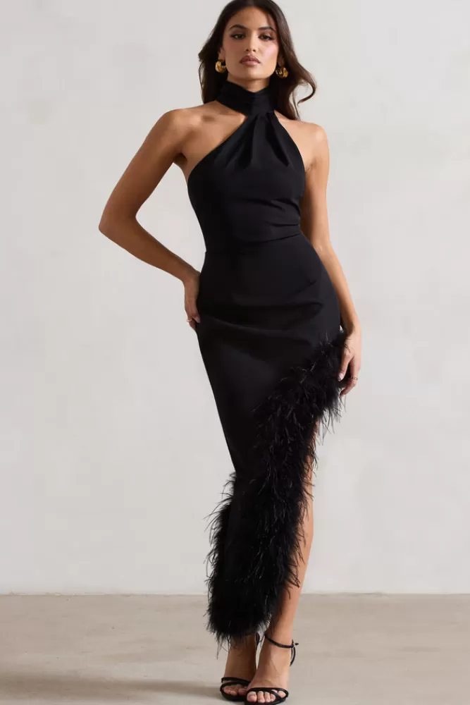 Club L London Brilliance | Asymmetric Maxi Dress With Feather Trim BLACK Cheap