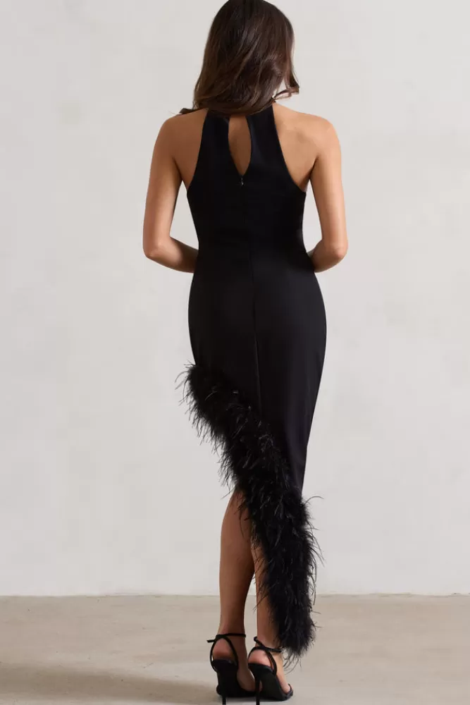 Club L London Brilliance | Asymmetric Maxi Dress With Feather Trim BLACK Cheap