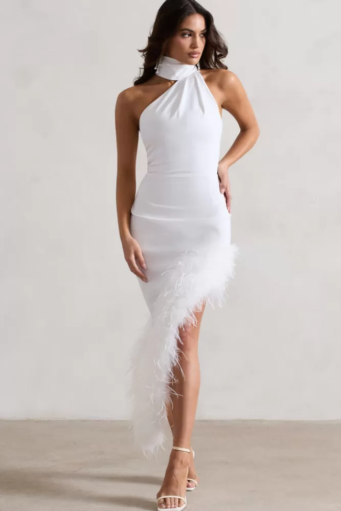 Club L London Brilliance | Asymmetric Maxi Dress With Feather Trim WHITE Fashion