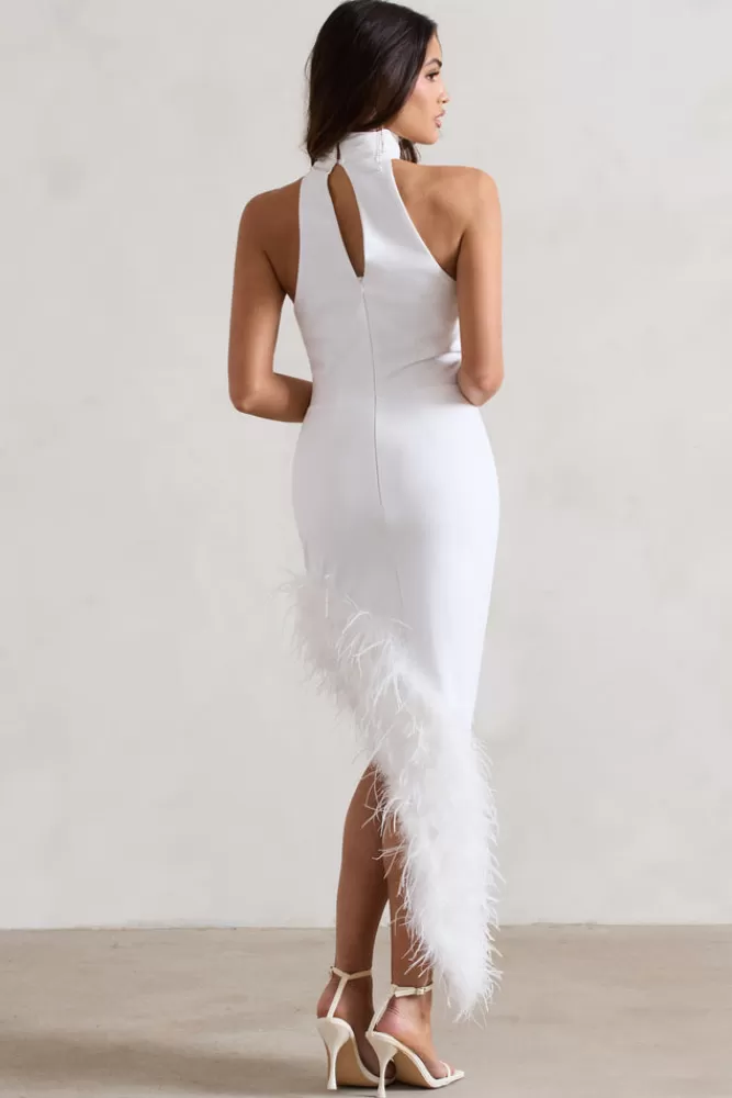 Club L London Brilliance | Asymmetric Maxi Dress With Feather Trim WHITE Fashion