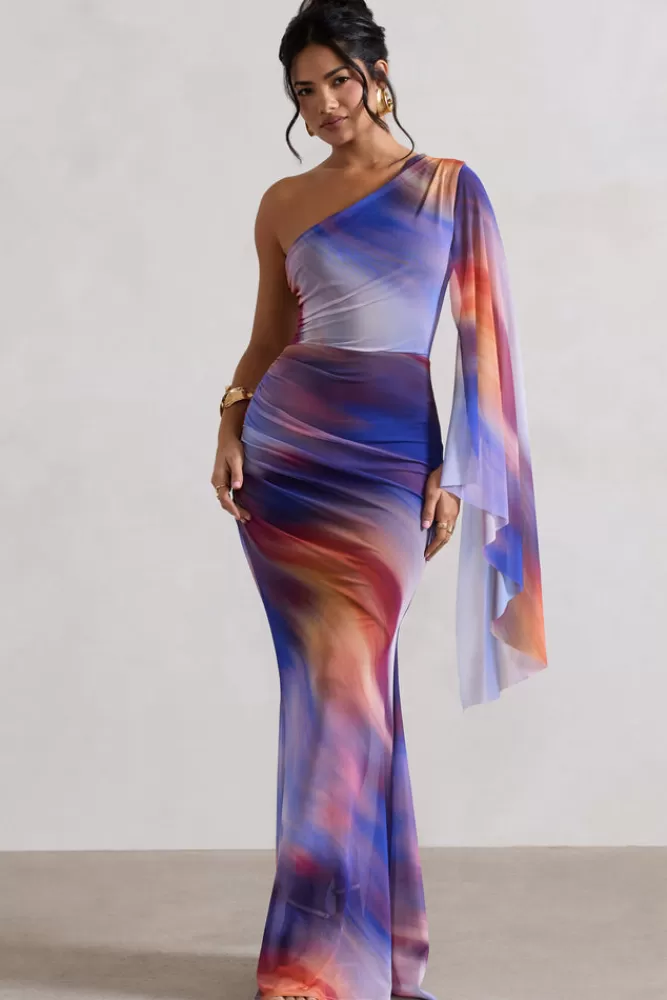 Club L London Brisa | Ombre Print Mesh Asymmetric Ruched Maxi Dress ABSTRACTPRINT Sale