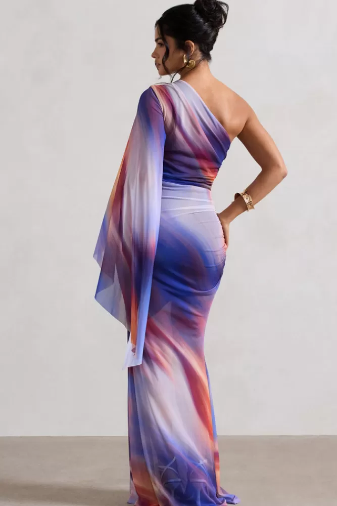 Club L London Brisa | Ombre Print Mesh Asymmetric Ruched Maxi Dress ABSTRACTPRINT Sale