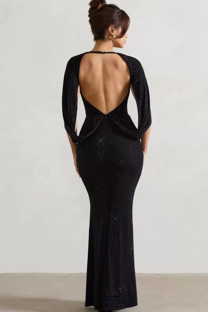 Club L London Broadway | Embellished Fishtail Maxi Dress With Cape Sleeves BLACK Outlet