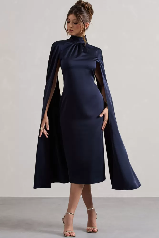 Club L London Brogan | Satin High-Neck Midi Dress With Cape Sleeves NAVY Clearance