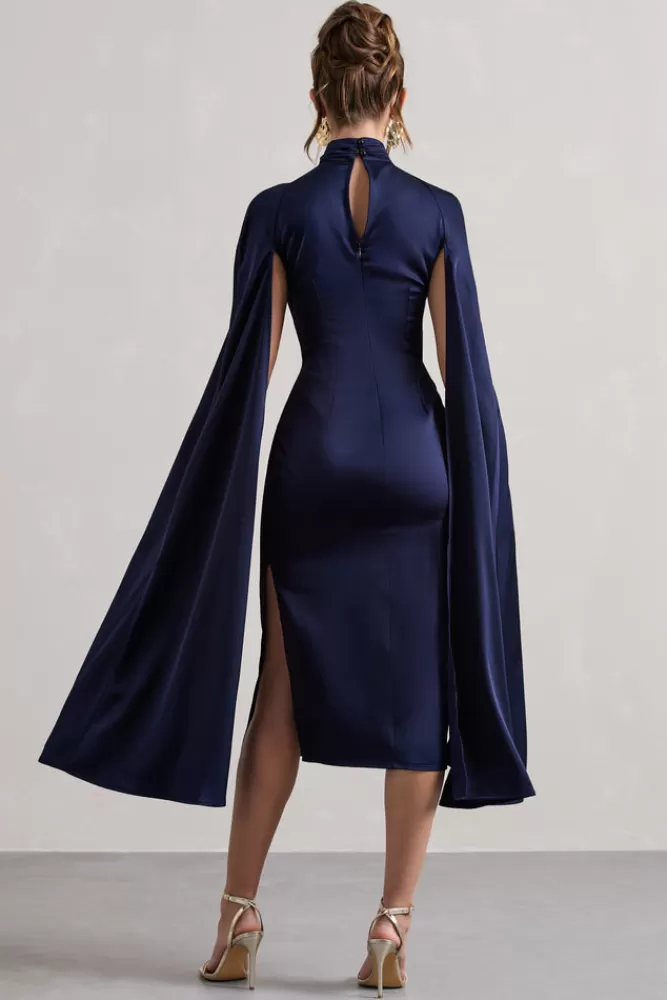 Club L London Brogan | Satin High-Neck Midi Dress With Cape Sleeves NAVY Clearance