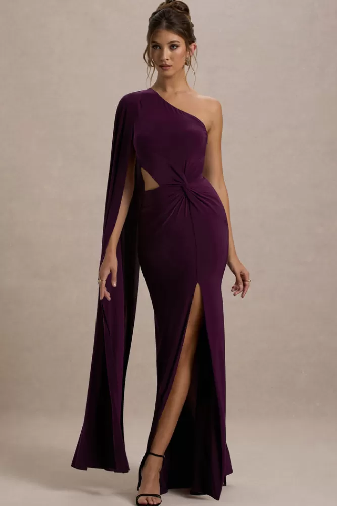 Club L London Brona | One-Shoulder Cape-Sleeve Split Maxi Dress PLUM Best