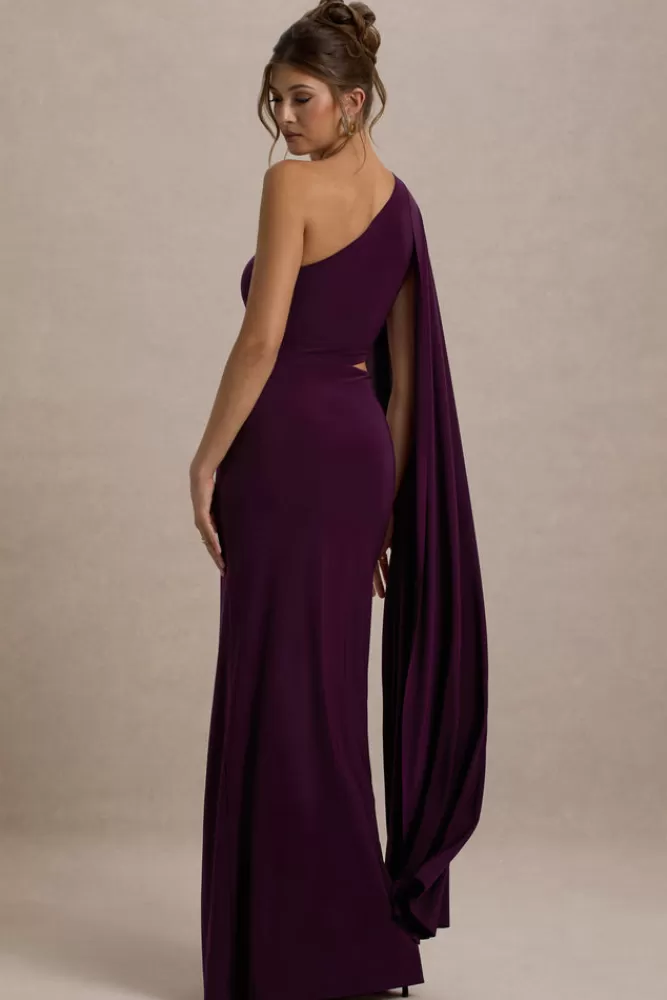 Club L London Brona | One-Shoulder Cape-Sleeve Split Maxi Dress PLUM Best