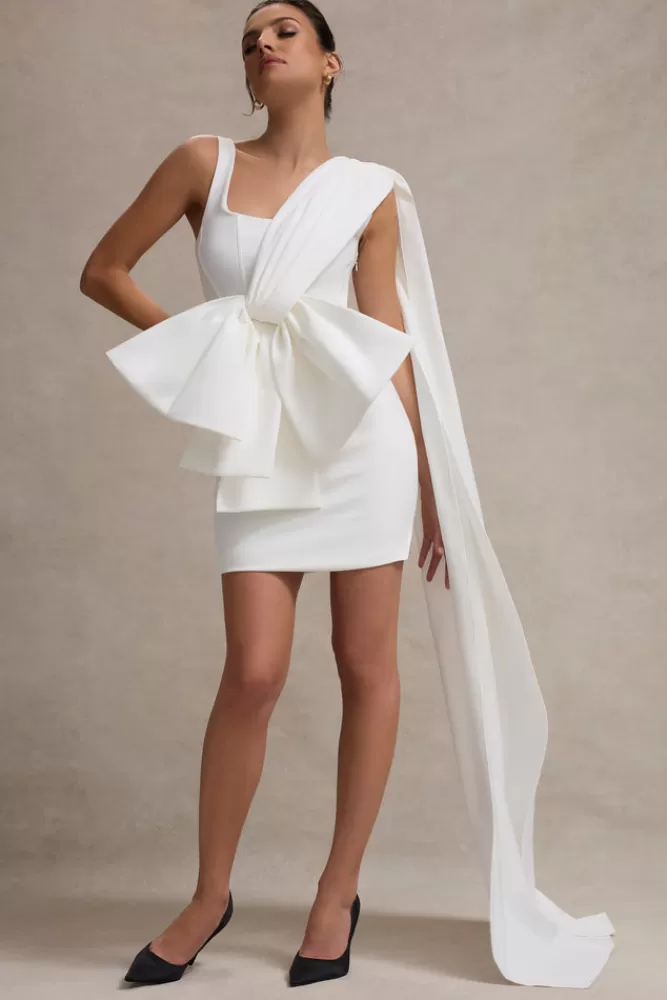 Club L London Brulee | Scoop-Neck Sash Mini Dress With Bow CREAM New