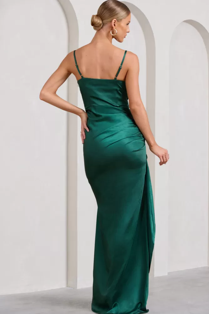 Club L London Buckingham | Bottle Green Satin Pleated Split Maxi Dress BOTTLEGREEN Outlet