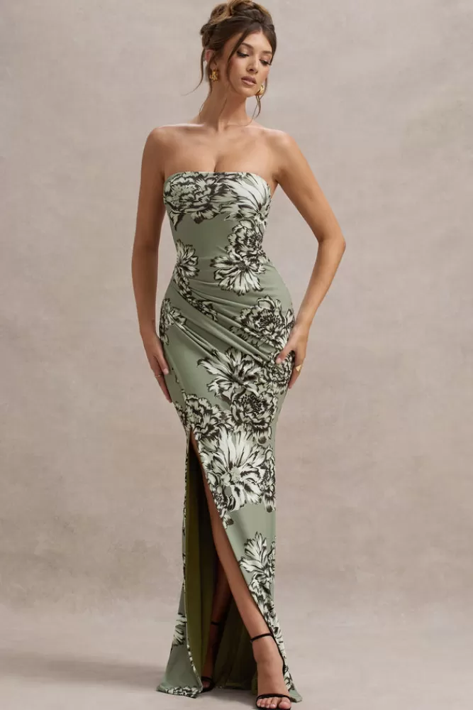 Club L London Buena | Olive Floral Print Strapless Gathered Maxi Dress With Split FLORALPRINT Hot