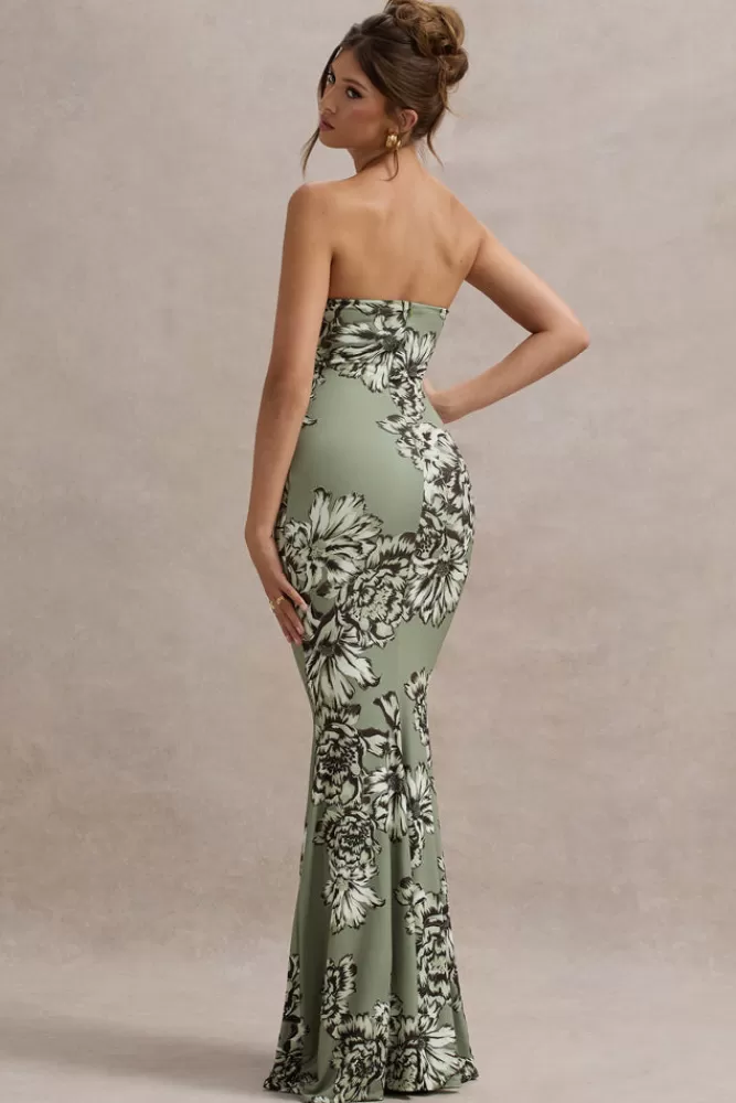 Club L London Buena | Olive Floral Print Strapless Gathered Maxi Dress With Split FLORALPRINT Hot