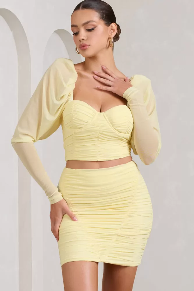 Club L London Butterfly | Puff Sleeve Ruched Crop Top Yellow Best Sale