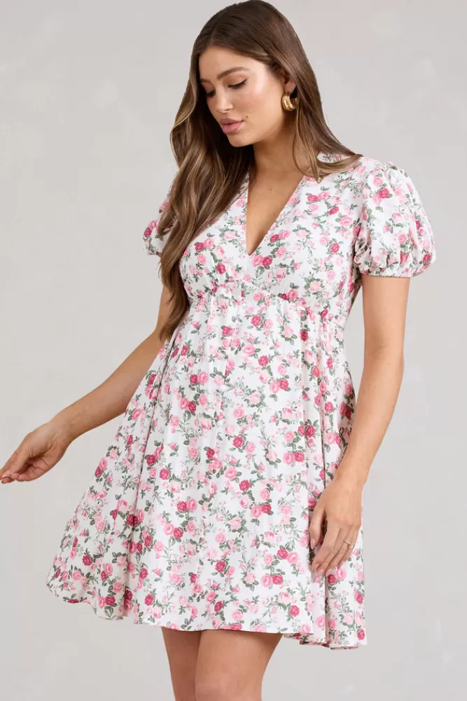 Club L London By The Cypress | Pink Floral Maternity V-Neck Puff-Sleeved Buttoned Mini Dress MULTI Best Sale