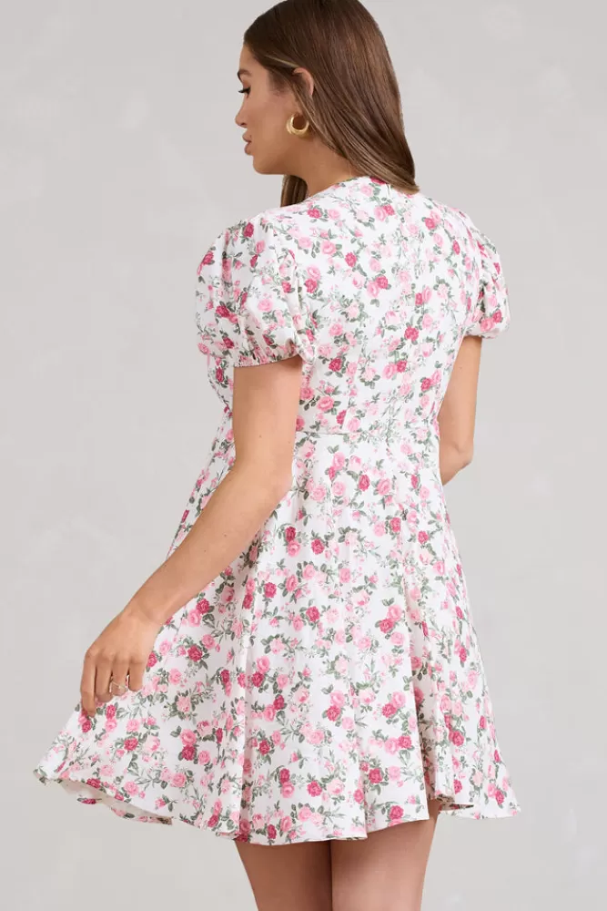 Club L London By The Cypress | Pink Floral Maternity V-Neck Puff-Sleeved Buttoned Mini Dress MULTI Best Sale