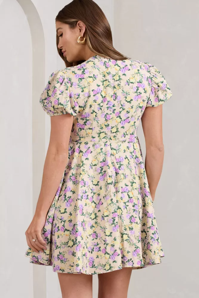 Club L London By The Cypress | Yellow Floral Maternity V-Neck Puff-Sleeved Buttoned Mini Dress MULTI Flash Sale