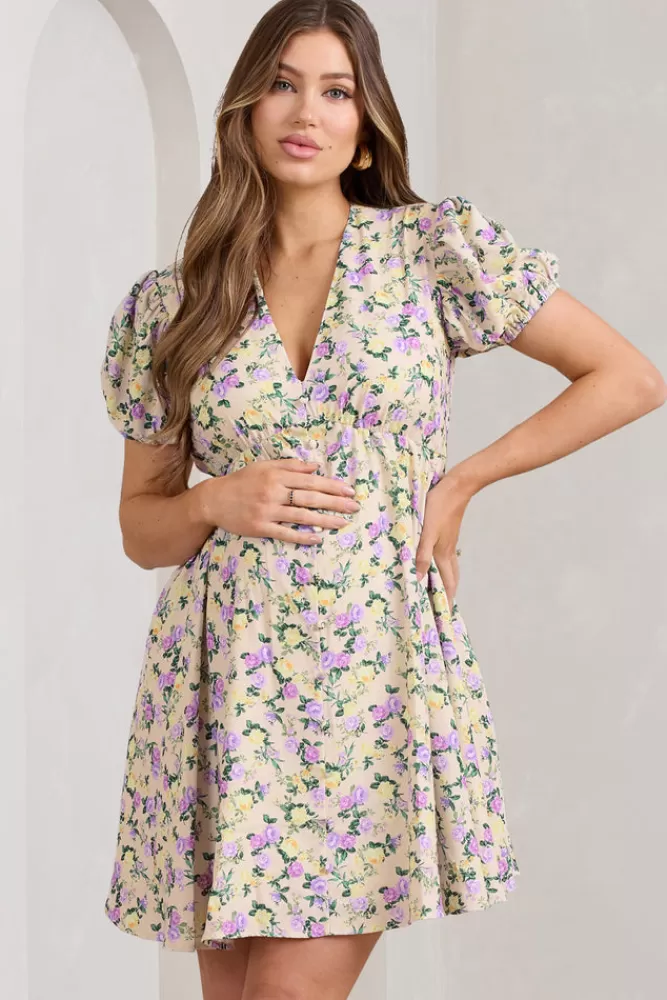 Club L London By The Cypress | Yellow Floral Maternity V-Neck Puff-Sleeved Buttoned Mini Dress MULTI Flash Sale