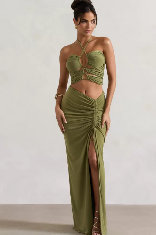 Club L London Cabo | Ruched Split Maxi Skirt OLIVE Hot