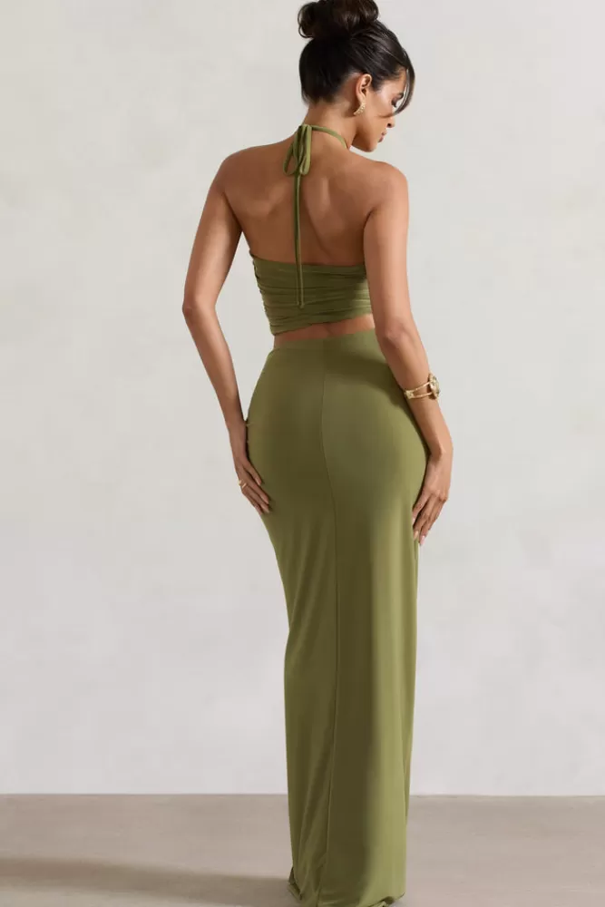 Club L London Cabo | Ruched Split Maxi Skirt OLIVE Hot