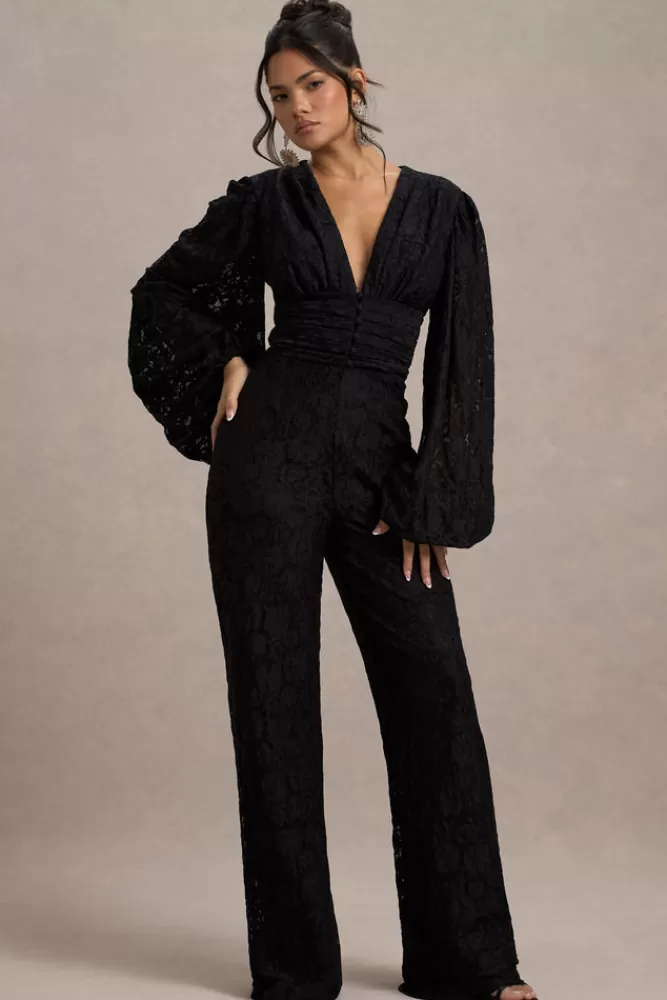 Club L London Calamina | Lace Plunge-Neck Wide-Leg Jumpsuit BLACK Clearance