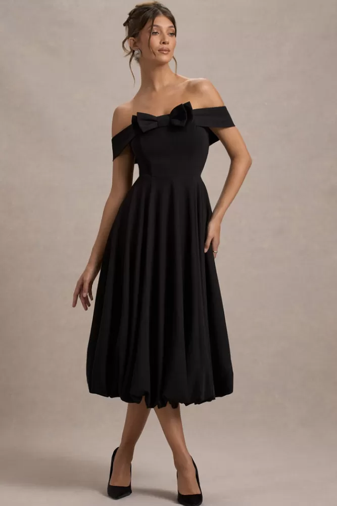 Club L London Calliopia | Bow Bardot Midi Dress With Puff-Ball Skirt BLACK Fashion