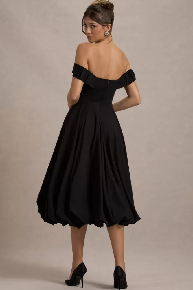 Club L London Calliopia | Bow Bardot Midi Dress With Puff-Ball Skirt BLACK Fashion